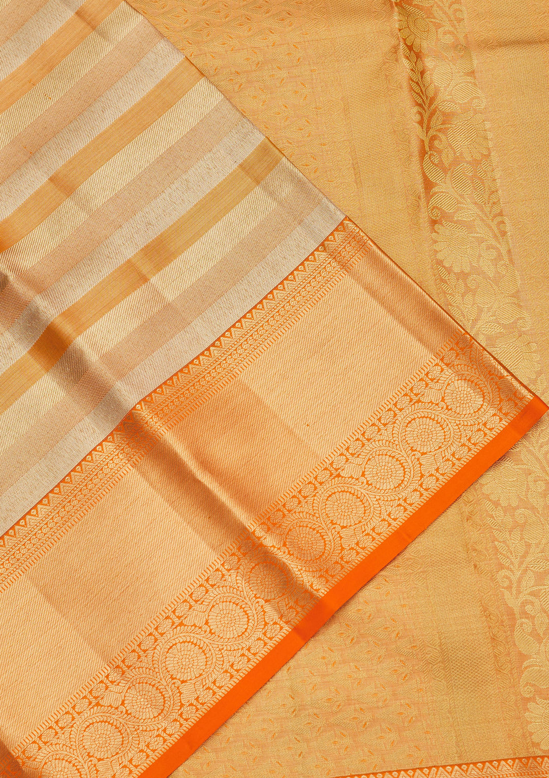 Orange Tissue Stripes Gold Zariwork Saree With Matching Blouse Piece
