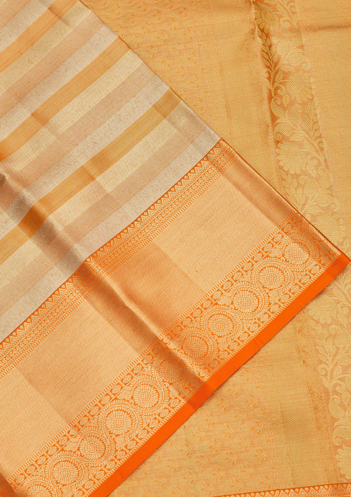 Orange Tissue Stripes Gold Zariwork Saree With Matching Blouse Piece