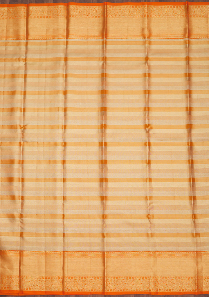 Orange Tissue Stripes Gold Zariwork Saree With Matching Blouse Piece