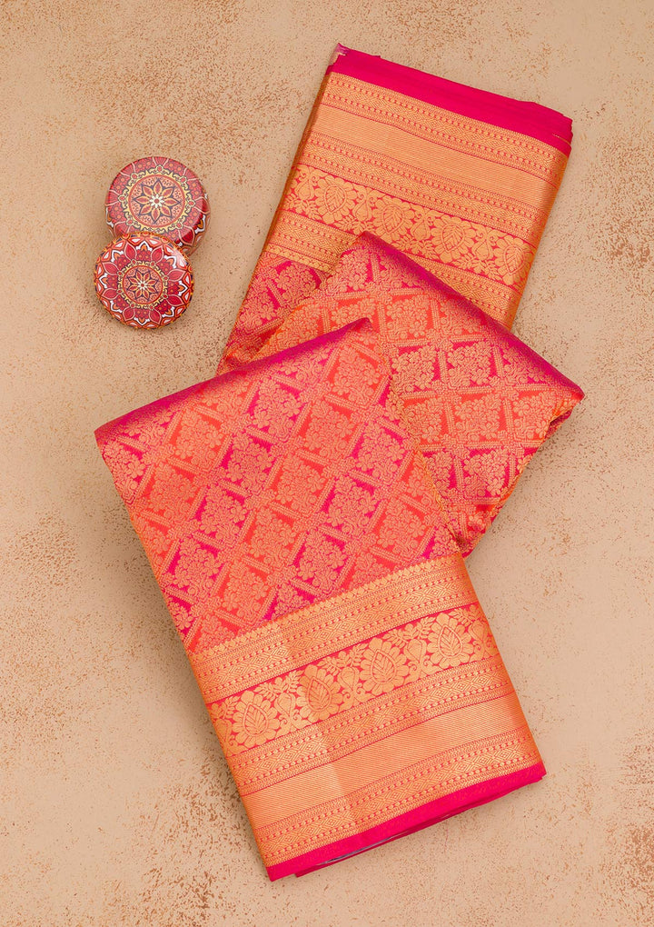 Orange Silk Jaal Gold Zariwork Saree With Matching Blouse Piece