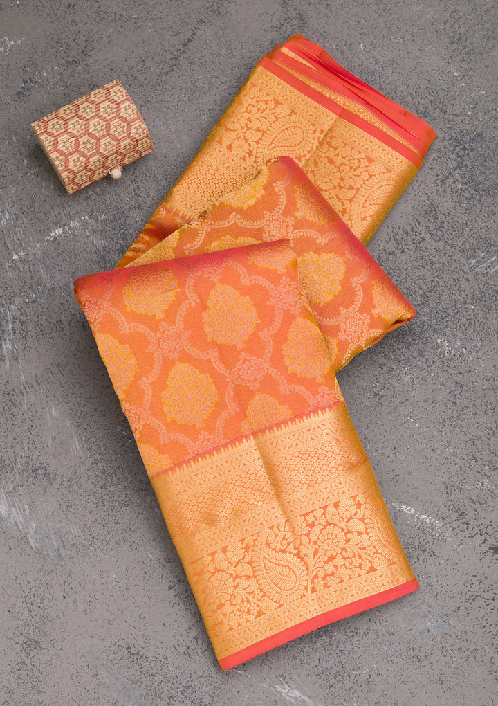 Orange Zariwork Pure Silk Saree-Koskii