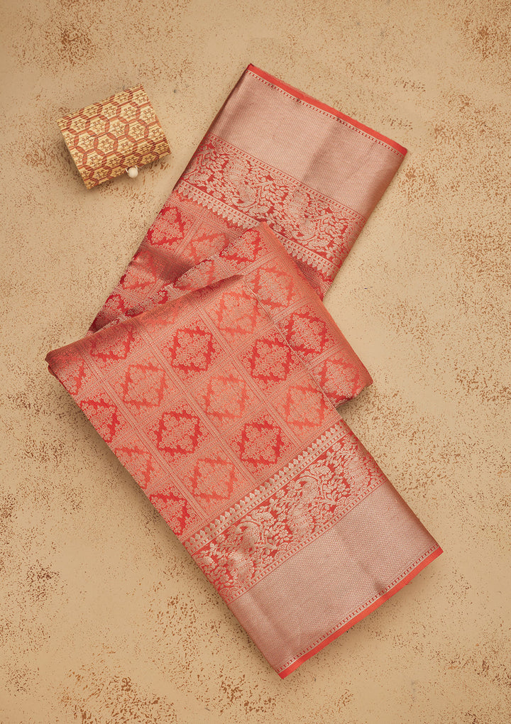 Orange Pure Silk Jaal Zariwork Saree With Matching Blouse Piece