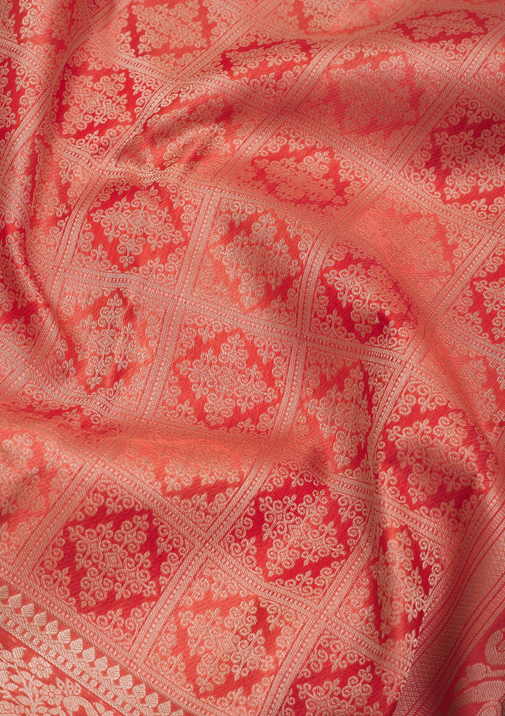 Orange Pure Silk Jaal Zariwork Saree With Matching Blouse Piece