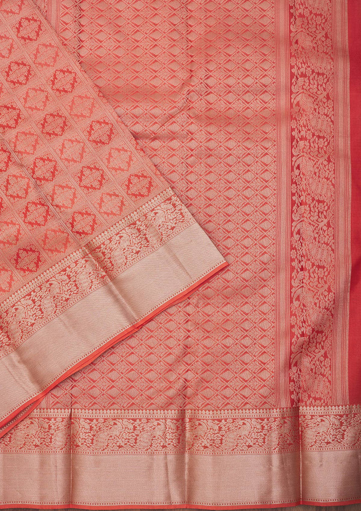 Orange Pure Silk Jaal Zariwork Saree With Matching Blouse Piece