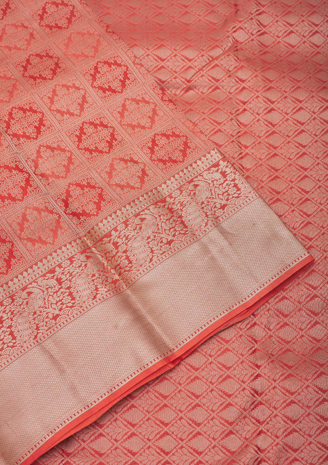 Orange Pure Silk Jaal Zariwork Saree With Matching Blouse Piece