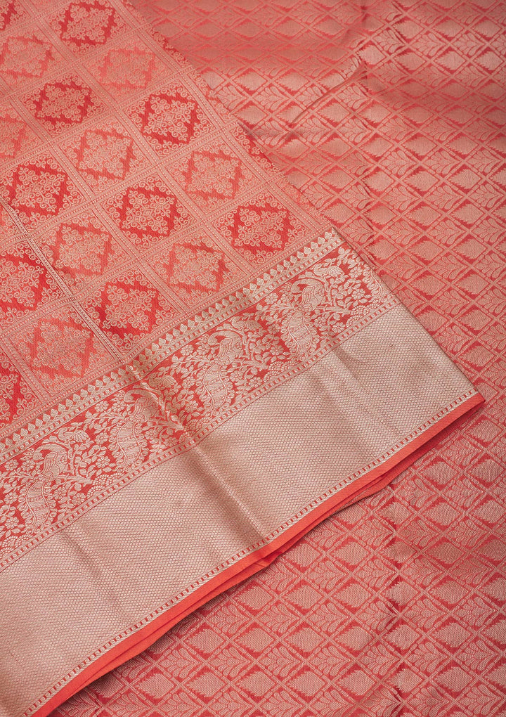 Orange Pure Silk Jaal Zariwork Saree With Matching Blouse Piece