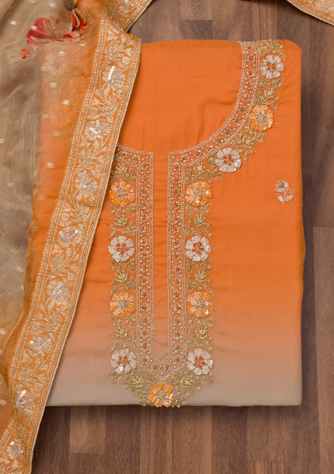 Orange Zariwork Semi Crepe Unstitched Salwar Suit