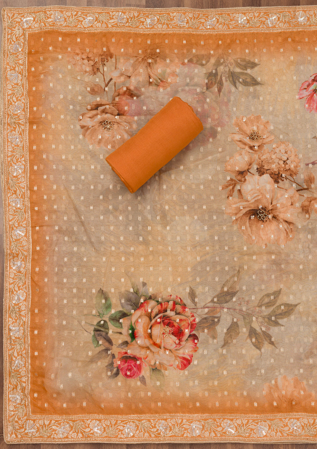 Orange Zariwork Semi Crepe Unstitched Salwar Suit