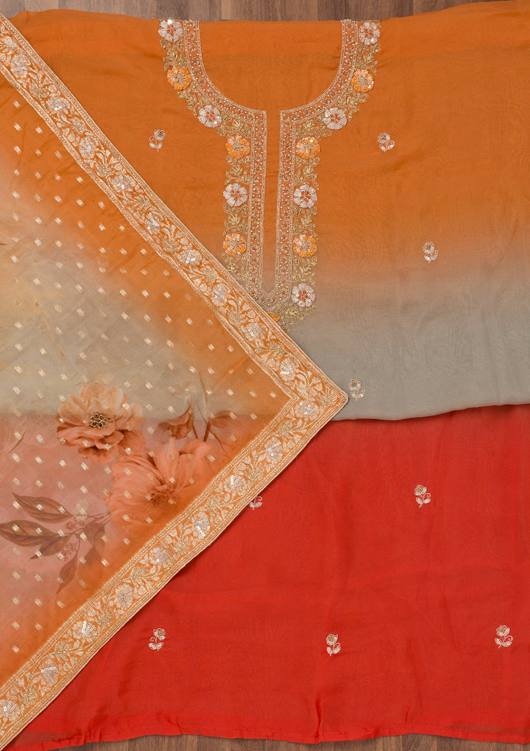 Orange Zariwork Semi Crepe Unstitched Salwar Suit