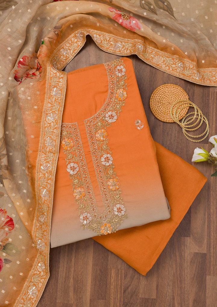 Orange Zariwork Semi Crepe Unstitched Salwar Suit