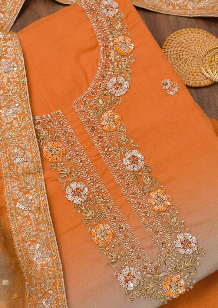 Orange Zariwork Semi Crepe Unstitched Salwar Suit