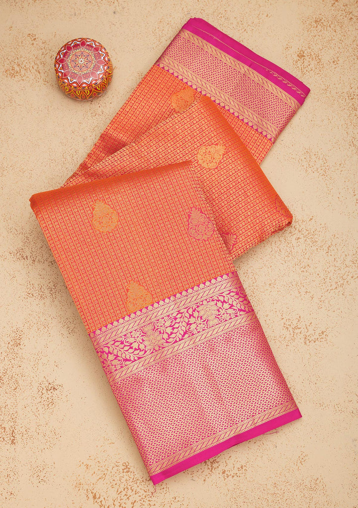Orange Silk Buti Gold Zariwork Saree With Matching Blouse Piece