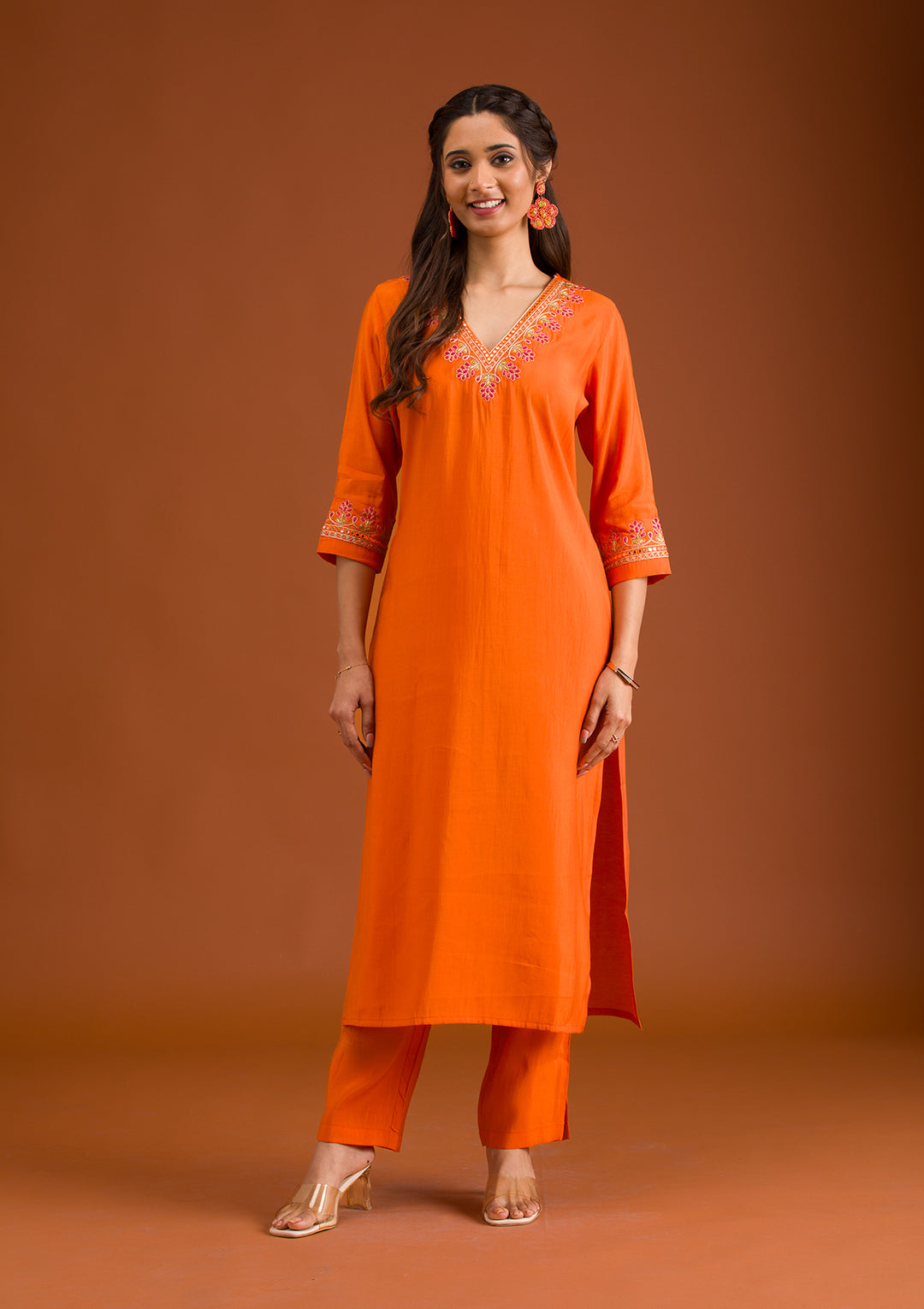 Orange Tissue Gold Zariwork Straight Kurta With Pant Regular And Dupatta