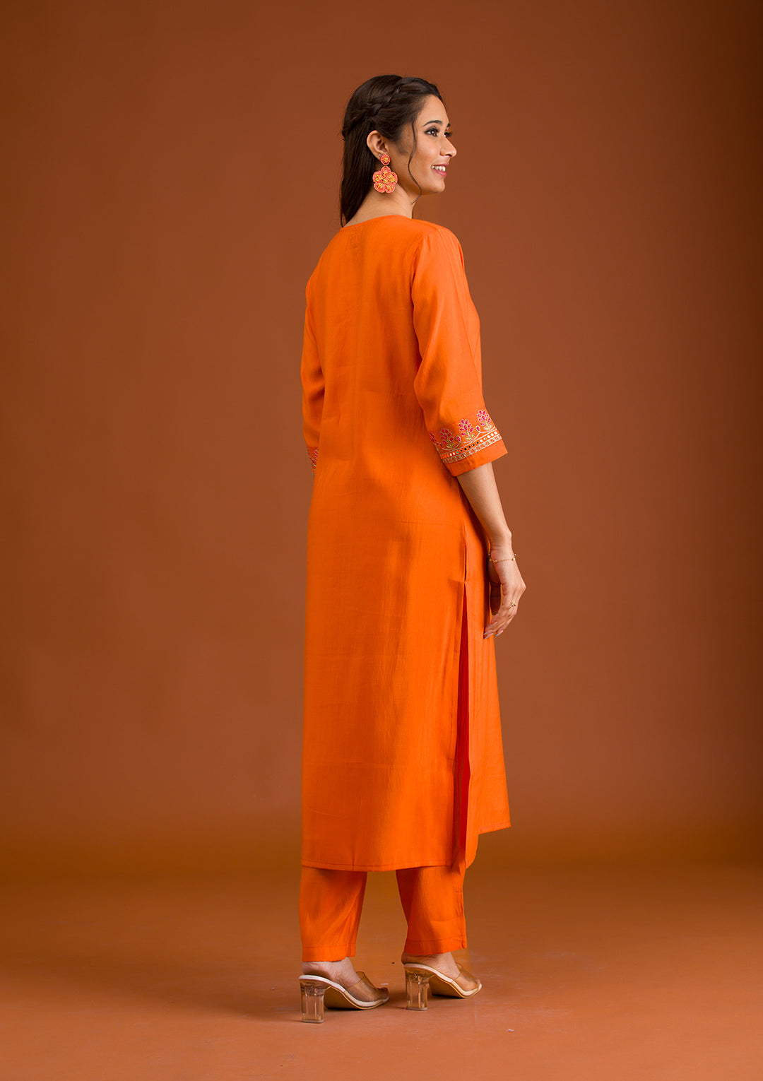Orange Tissue Gold Zariwork Straight Kurta With Pant Regular And Dupatta