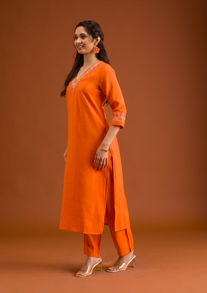Orange Tissue Gold Zariwork Straight Kurta With Pant Regular And Dupatta