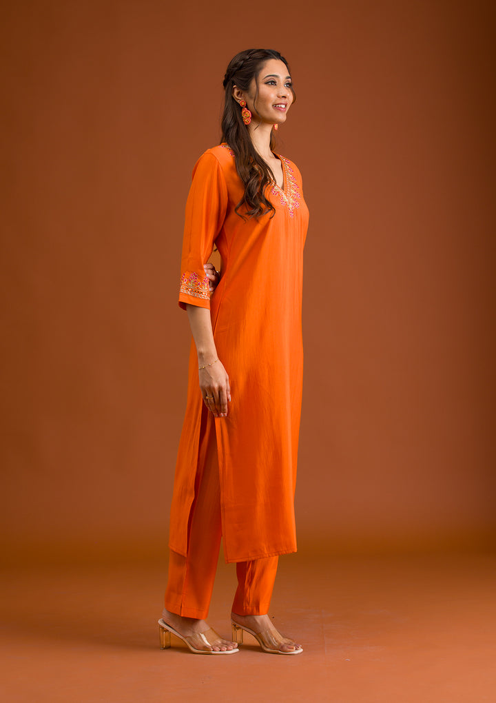 Orange Tissue Gold Zariwork Straight Kurta With Pant Regular And Dupatta