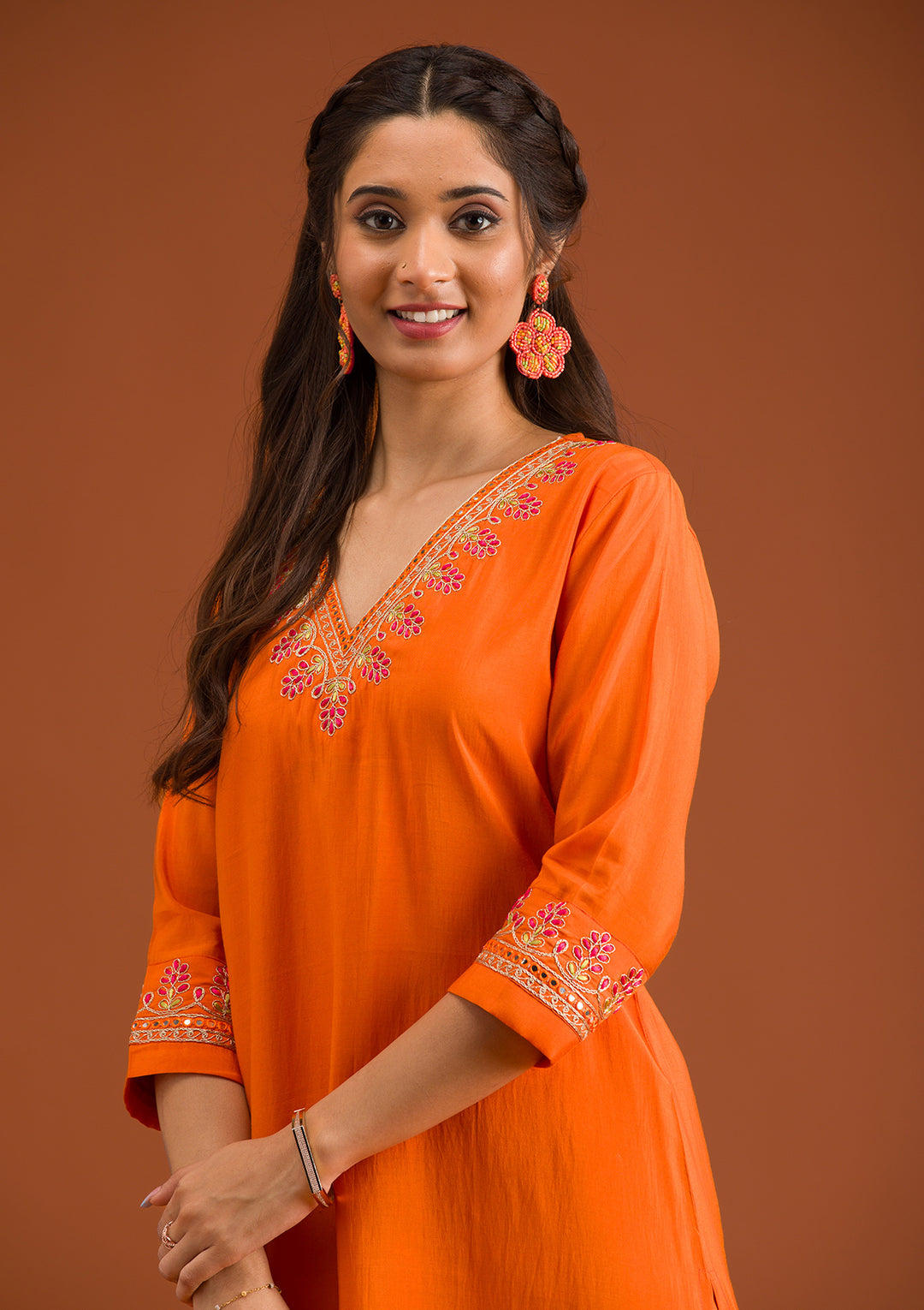 Orange Tissue Gold Zariwork Straight Kurta With Pant Regular And Dupatta