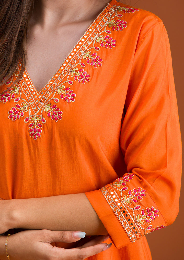 Orange Tissue Gold Zariwork Straight Kurta With Pant Regular And Dupatta