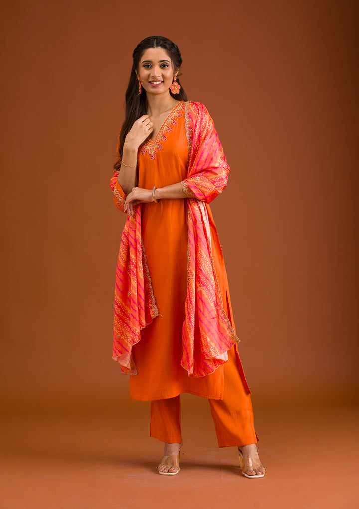 Orange Tissue Gold Zariwork Straight Kurta With Pant Regular And Dupatta