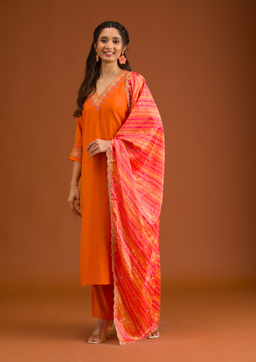 Orange Tissue Gold Zariwork Straight Kurta With Pant Regular And Dupatta