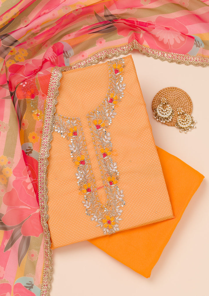Mustard Organza Silver Zardozi Work Unstitched Dress Material With Matching Bottom And Dupatta