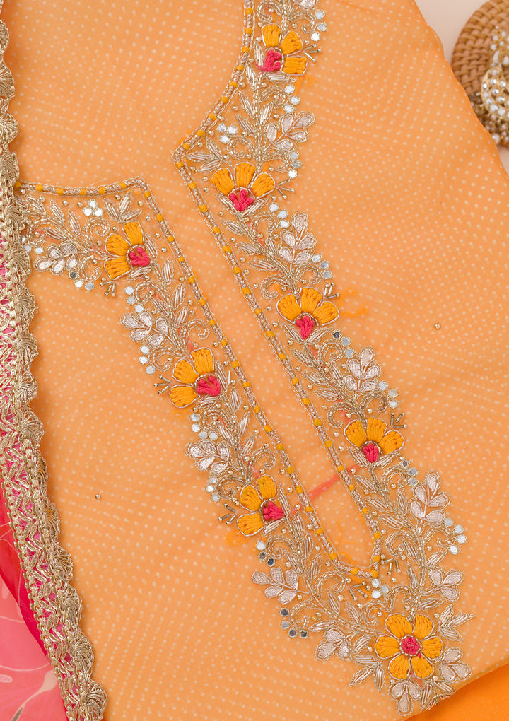 Mustard Organza Silver Zardozi Work Unstitched Dress Material With Matching Bottom And Dupatta