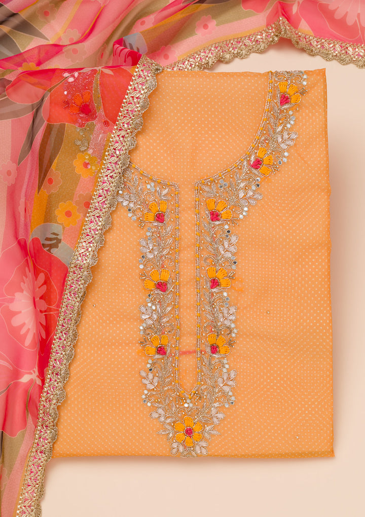 Mustard Organza Silver Zardozi Work Unstitched Dress Material With Matching Bottom And Dupatta