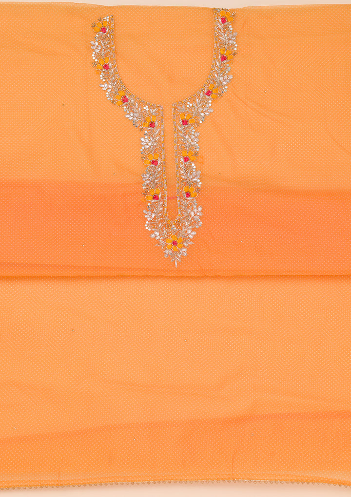 Mustard Organza Silver Zardozi Work Unstitched Dress Material With Matching Bottom And Dupatta