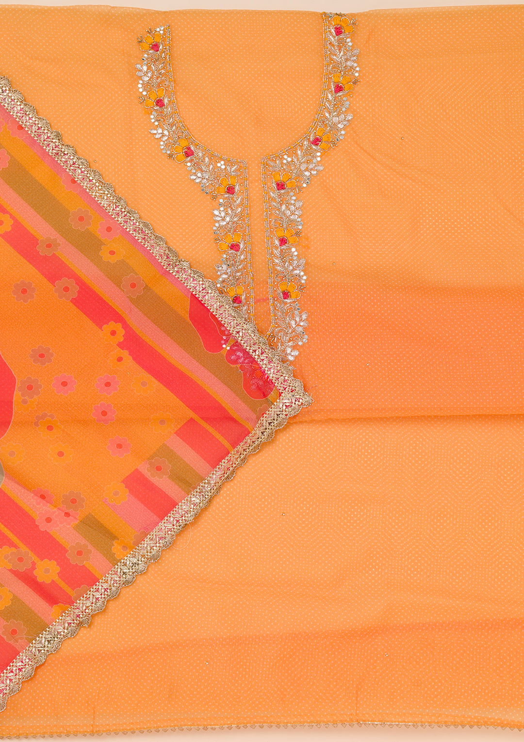 Mustard Organza Silver Zardozi Work Unstitched Dress Material With Matching Bottom And Dupatta
