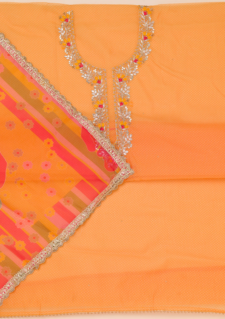 Mustard Organza Silver Zardozi Work Unstitched Dress Material With Matching Bottom And Dupatta