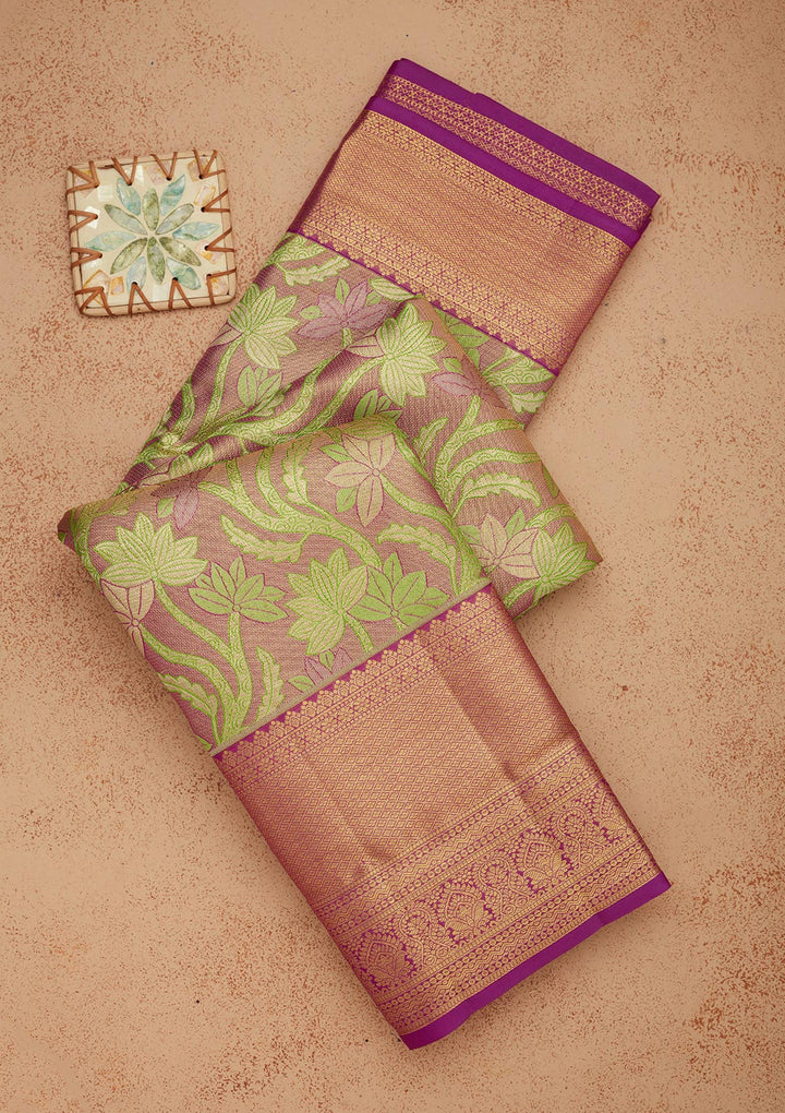 Parrot Green Tissue Jaal Gold Zariwork Saree With Matching Blouse Piece