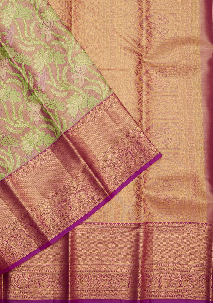 Parrot Green Tissue Jaal Gold Zariwork Saree With Matching Blouse Piece