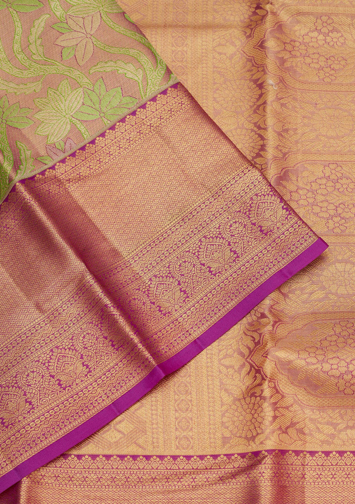 Parrot Green Tissue Jaal Gold Zariwork Saree With Matching Blouse Piece