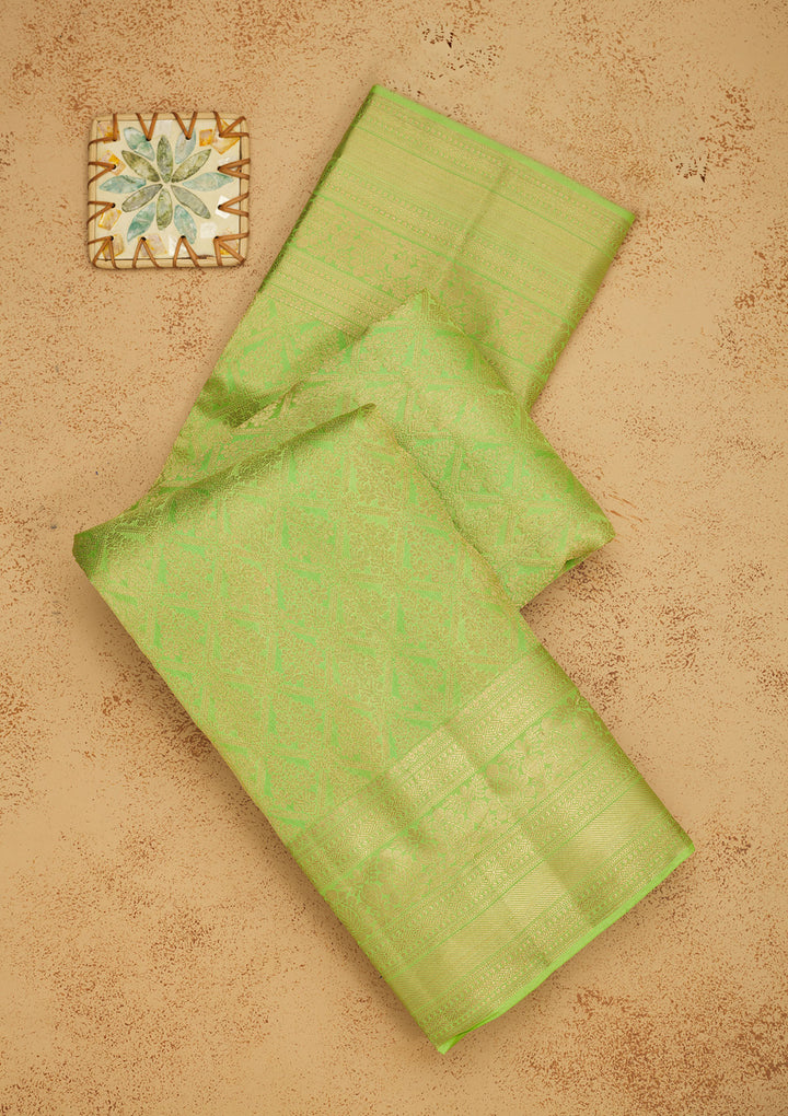 Parrot Green Silk Jaal Gold Zariwork Saree With Matching Blouse Piece