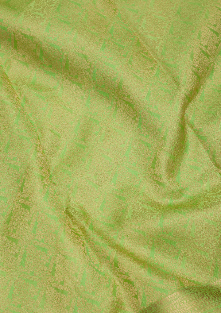 Parrot Green Silk Jaal Gold Zariwork Saree With Matching Blouse Piece