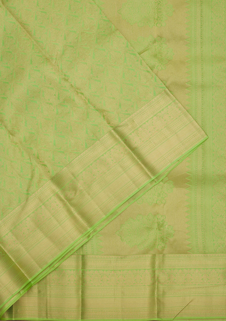 Parrot Green Silk Jaal Gold Zariwork Saree With Matching Blouse Piece