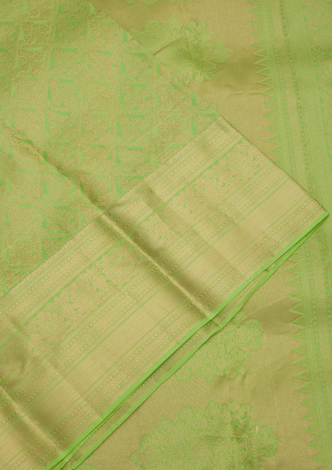 Parrot Green Silk Jaal Gold Zariwork Saree With Matching Blouse Piece