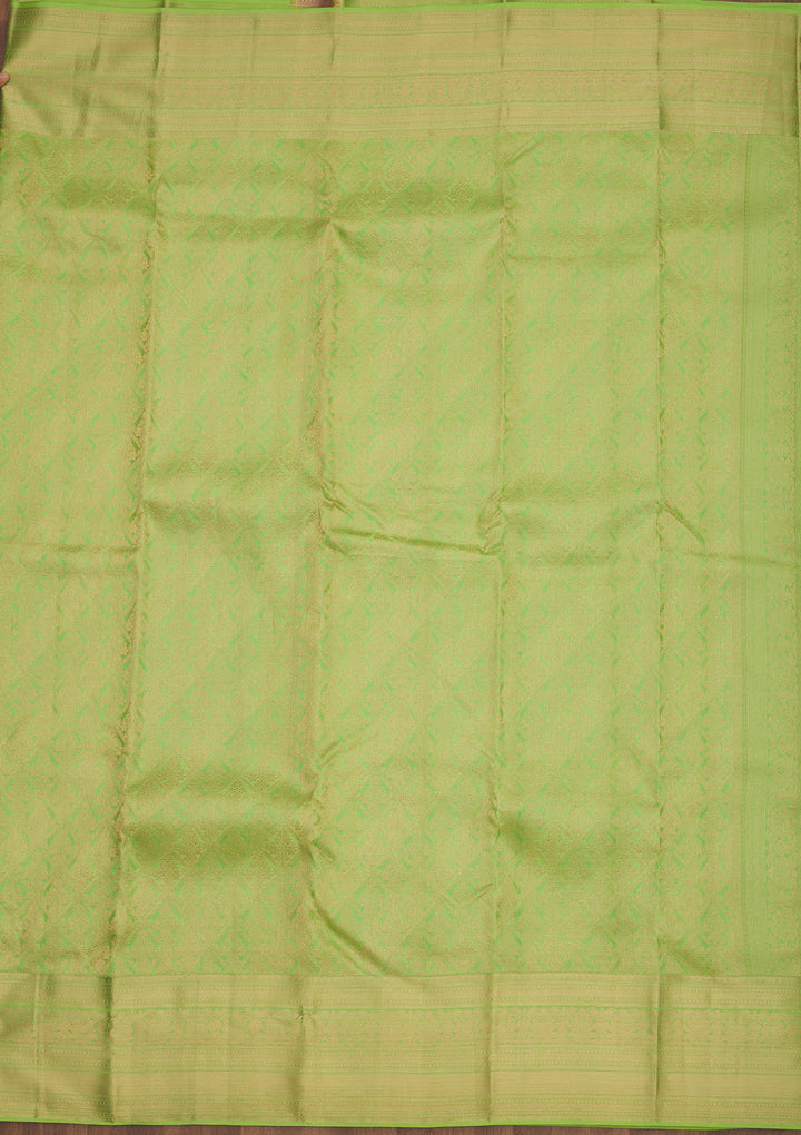Parrot Green Silk Jaal Gold Zariwork Saree With Matching Blouse Piece