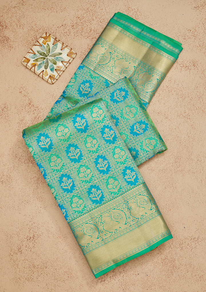 Parrot Green Silk Jaal Gold Zariwork Saree With Matching Blouse Piece