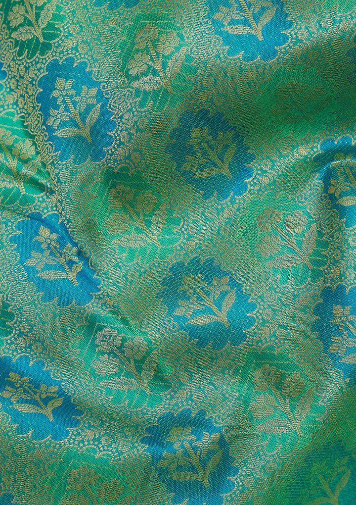 Parrot Green Silk Jaal Gold Zariwork Saree With Matching Blouse Piece
