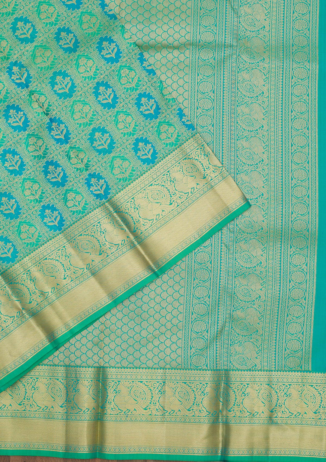Parrot Green Silk Jaal Gold Zariwork Saree With Matching Blouse Piece