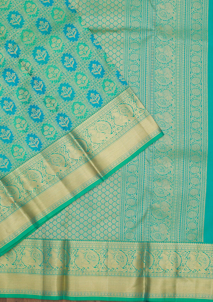 Parrot Green Silk Jaal Gold Zariwork Saree With Matching Blouse Piece