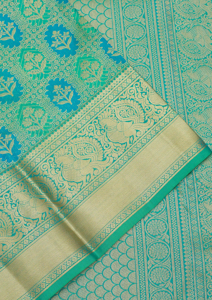 Parrot Green Silk Jaal Gold Zariwork Saree With Matching Blouse Piece