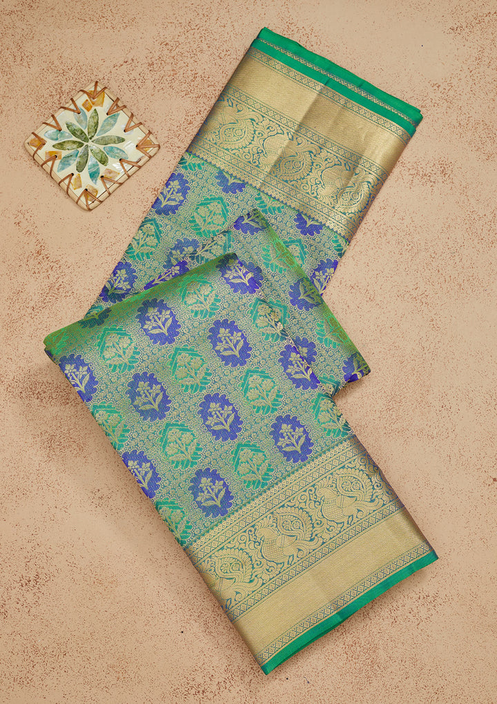 Parrot Green Silk Jaal Gold Zariwork Saree With Matching Blouse Piece