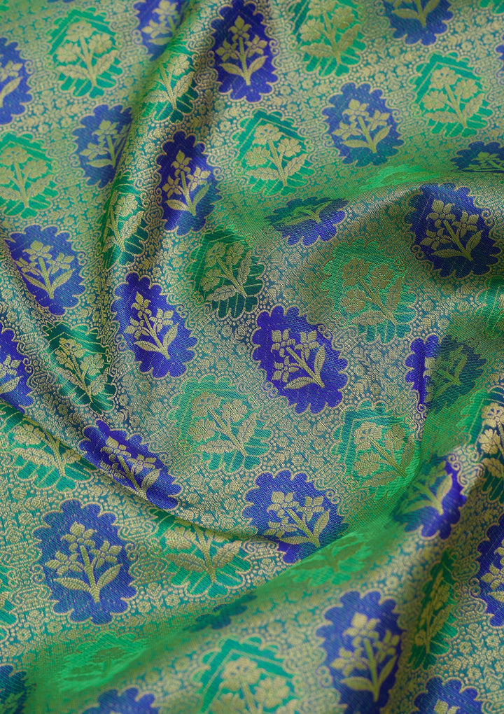 Parrot Green Silk Jaal Gold Zariwork Saree With Matching Blouse Piece