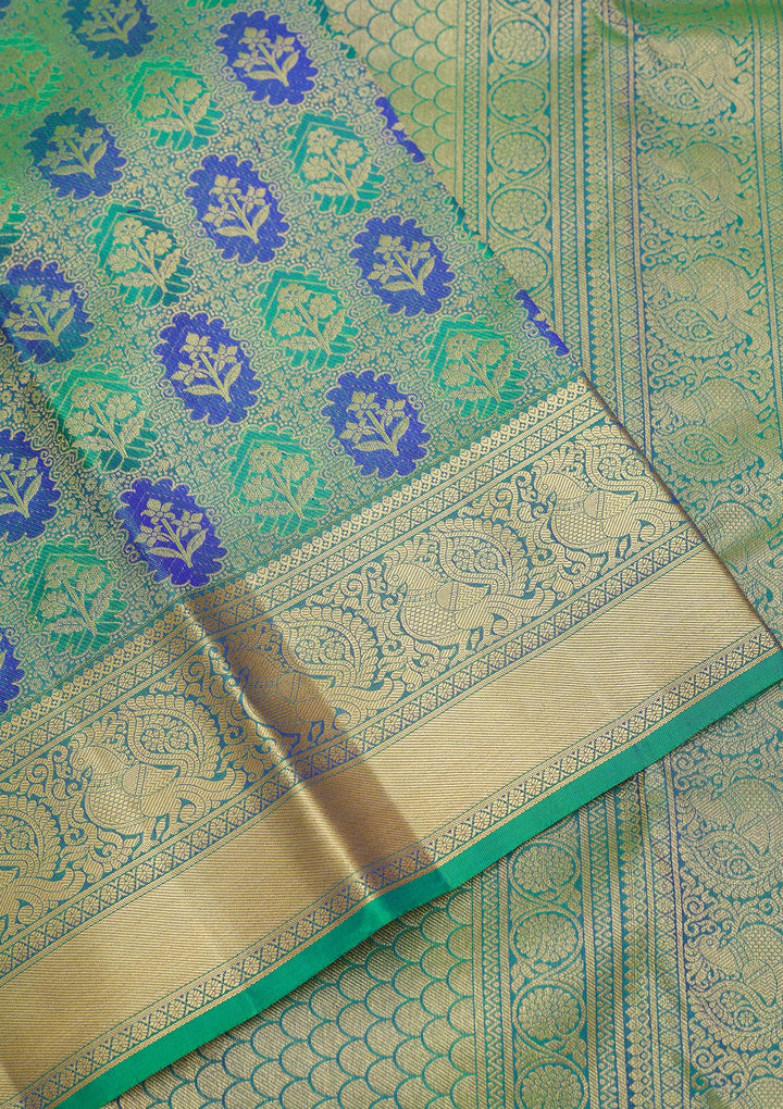 Parrot Green Silk Jaal Gold Zariwork Saree With Matching Blouse Piece