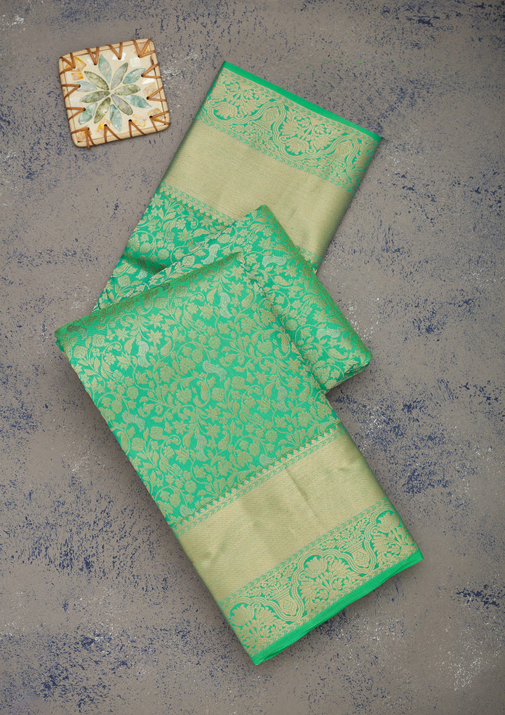 Parrot Green Pure Silk Jaal Zariwork Saree With Matching Blouse Piece