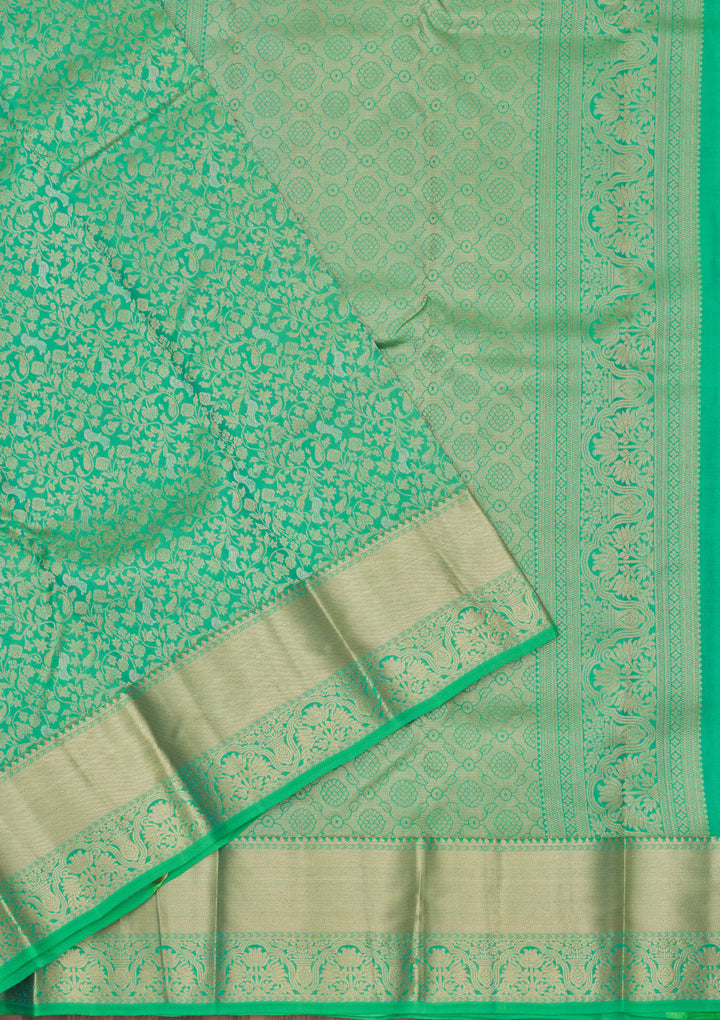 Parrot Green Pure Silk Jaal Zariwork Saree With Matching Blouse Piece