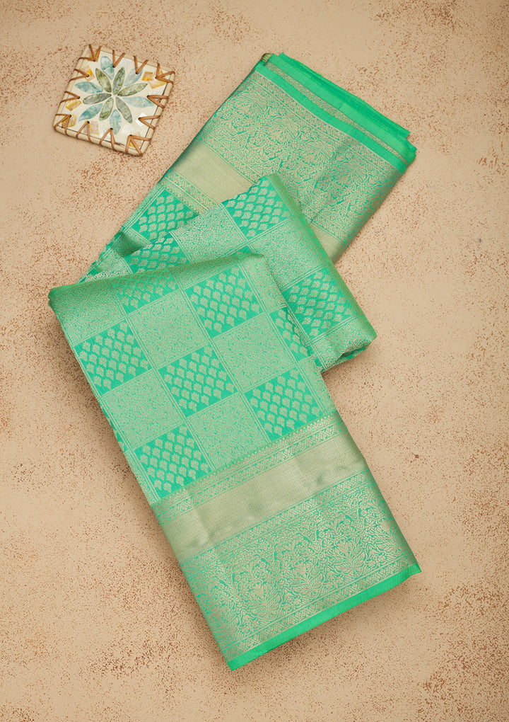 Parrot Green Silk Jaal Gold Zariwork Saree With Matching Blouse Piece