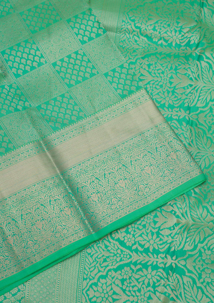 Parrot Green Silk Jaal Gold Zariwork Saree With Matching Blouse Piece